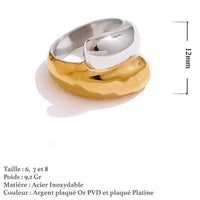 Bague femme acier inoxydable dorée et argentée mesurant 12 mm, avec finition martelée et brillante pour un look audacieux.