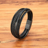 Bracelet homme en cuir noir tressé avec fermoir noir mat – bijou sobre et tendance

