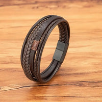 Bracelet en cuir marron tressé avec fermoir noir pour homme – style rustique et authentique