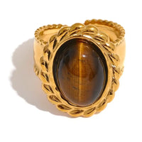 Grosse Bague Dorée avec Pierre Œil de Tigre ou Malachite – Élégance